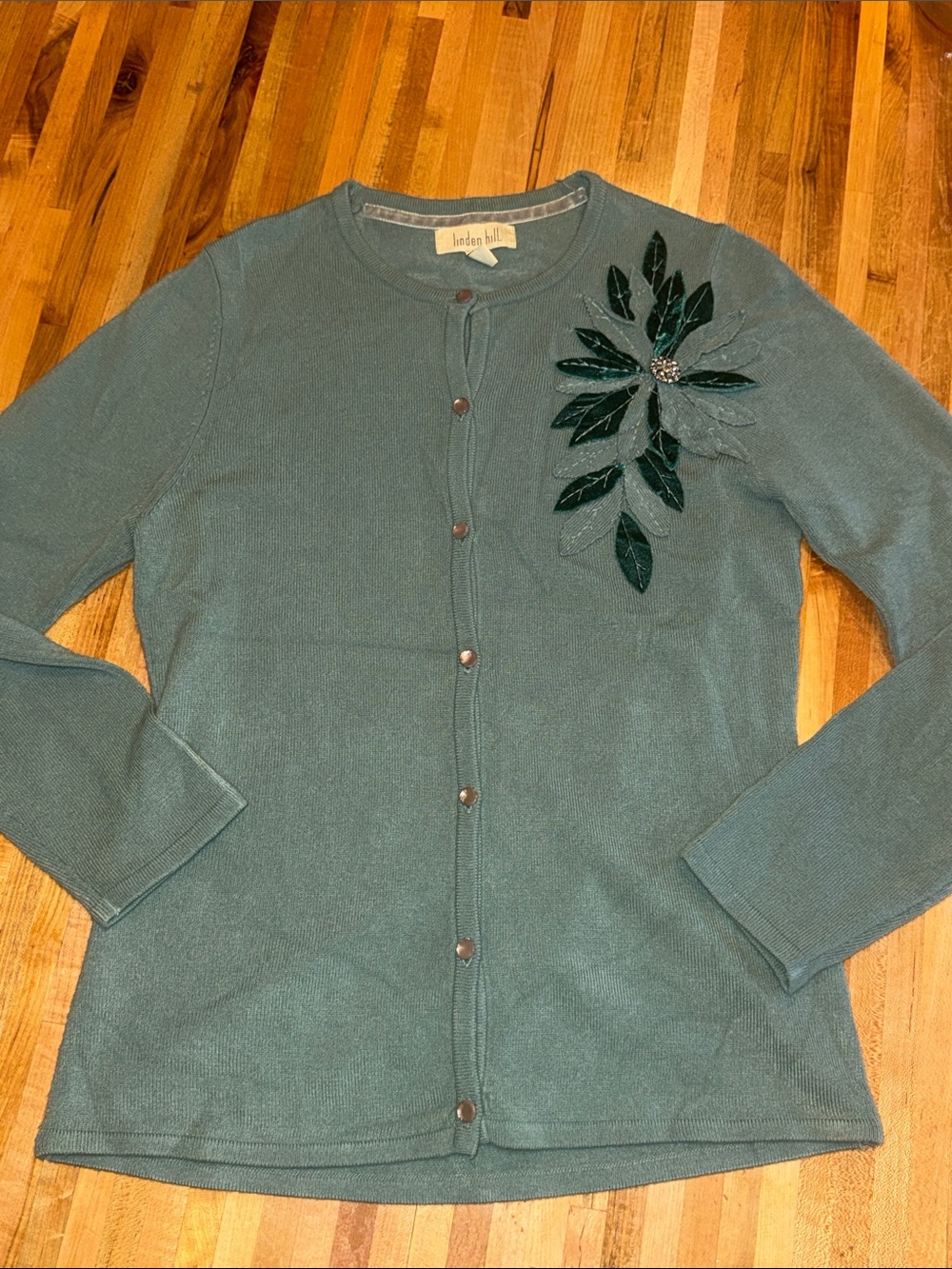 Linden Hill Vintage Teal Embellished Women's Cardigan Sweater w/Brooch
